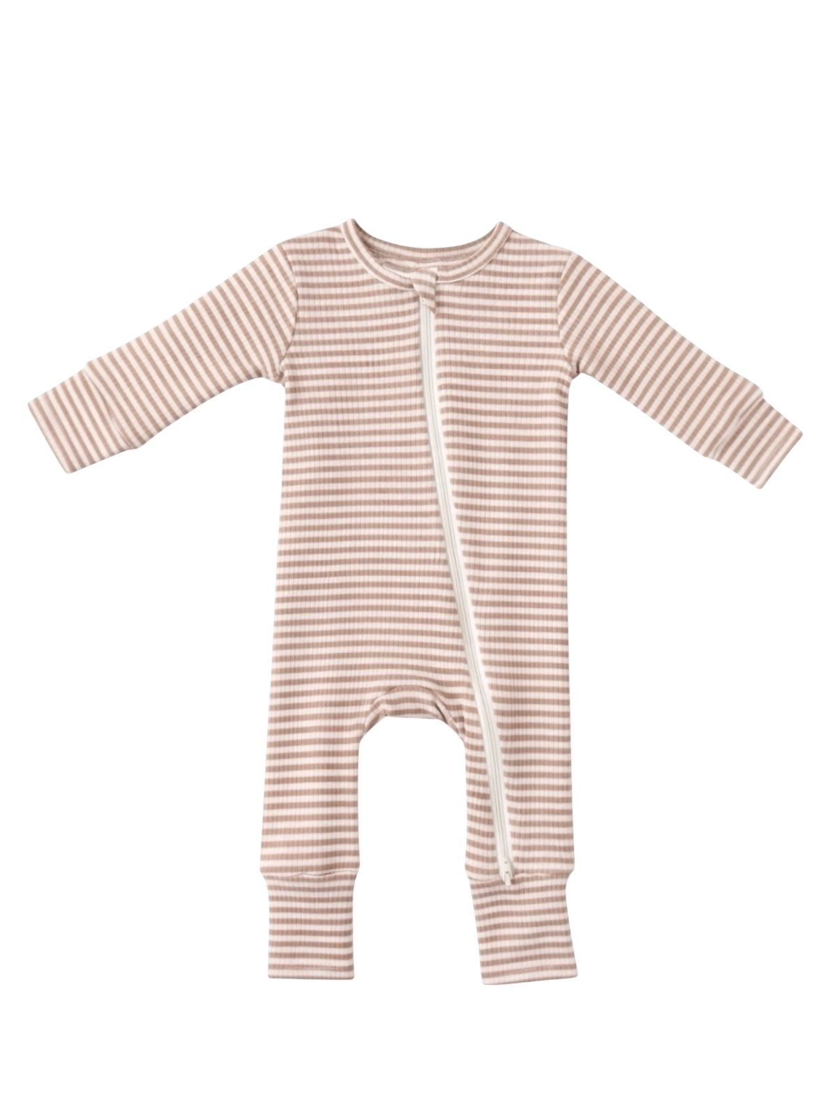 Striped infant romper featuring long sleeves and a front zipper for easy dressing.