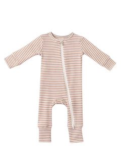 Striped infant romper featuring long sleeves and a front zipper for easy dressing.