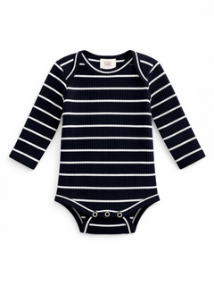 Navy striped long-sleeve baby bodysuit with snap closures at the bottom.