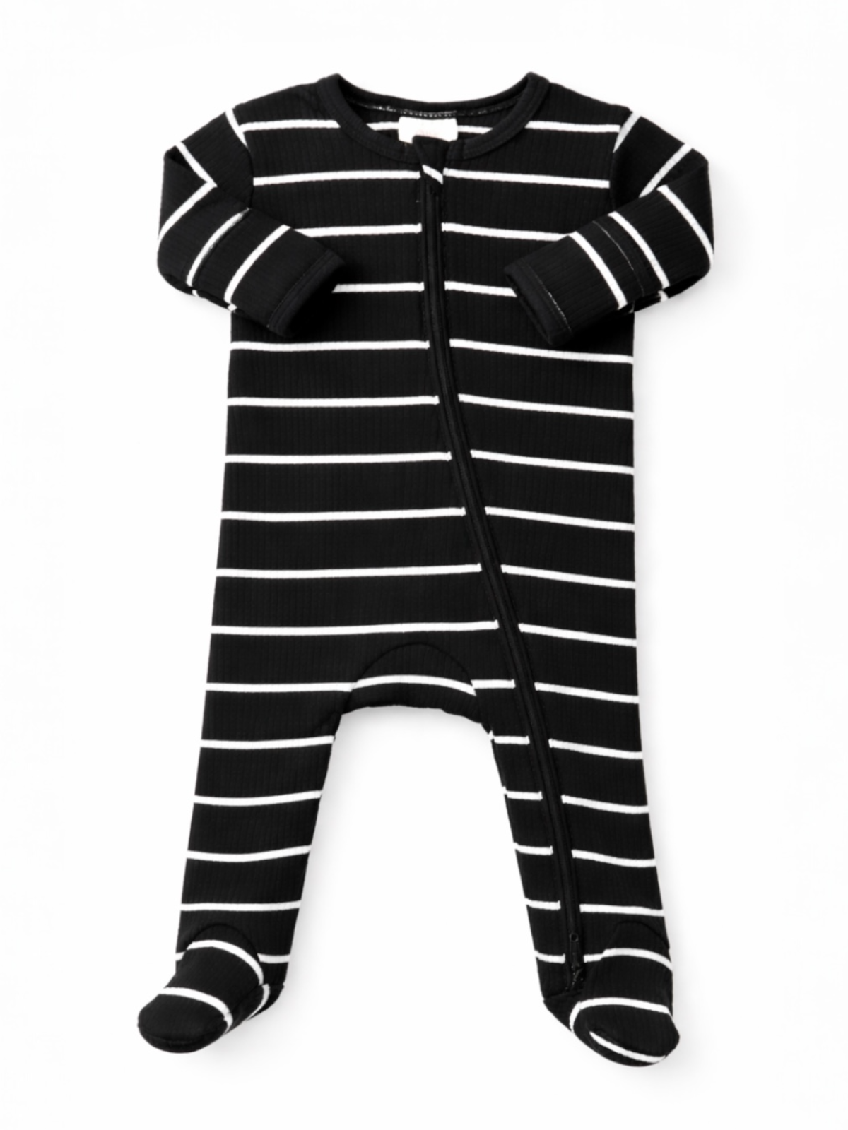 Black and white striped infant onesie with zip front and footed design.