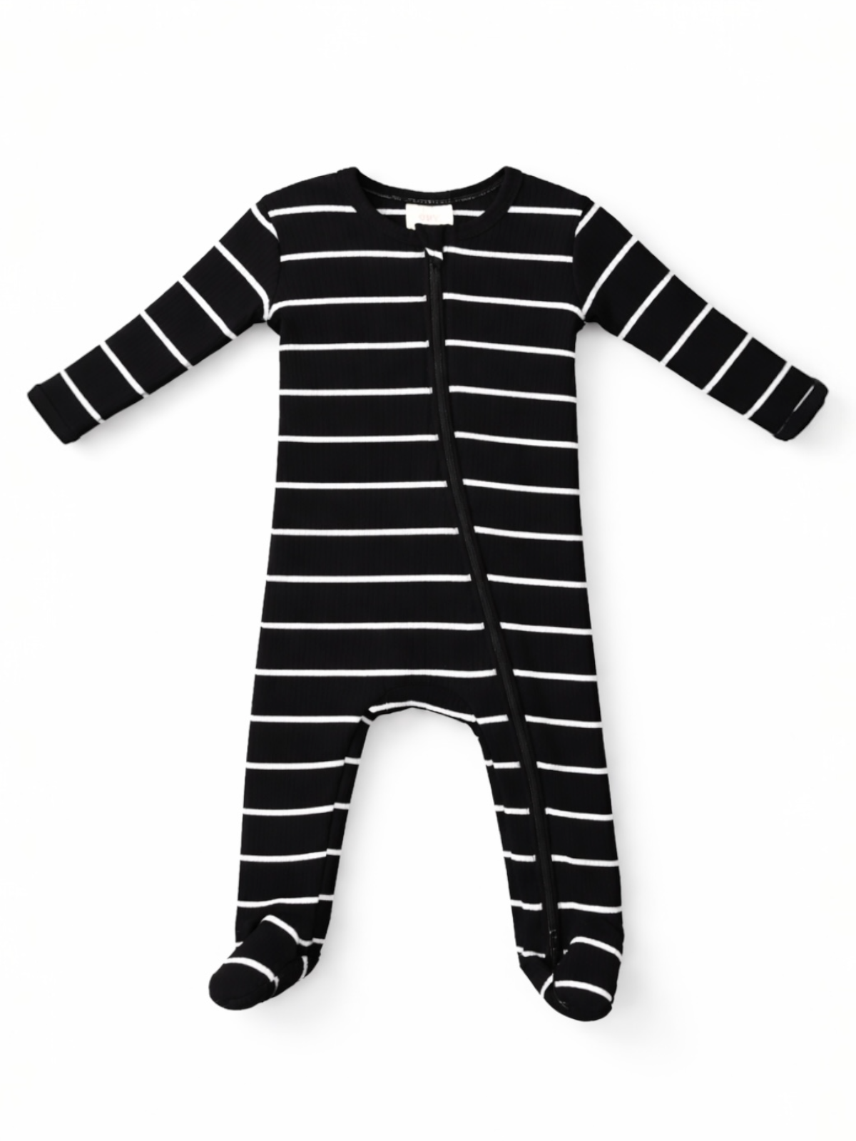 Black and white striped infant onesie with long sleeves and zipper.