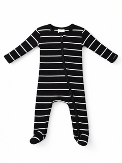 Black and white striped infant onesie with long sleeves and zipper.