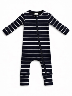Navy and white striped infant onesie with long sleeves and a front zipper. Suitable for baby sleepwear.
