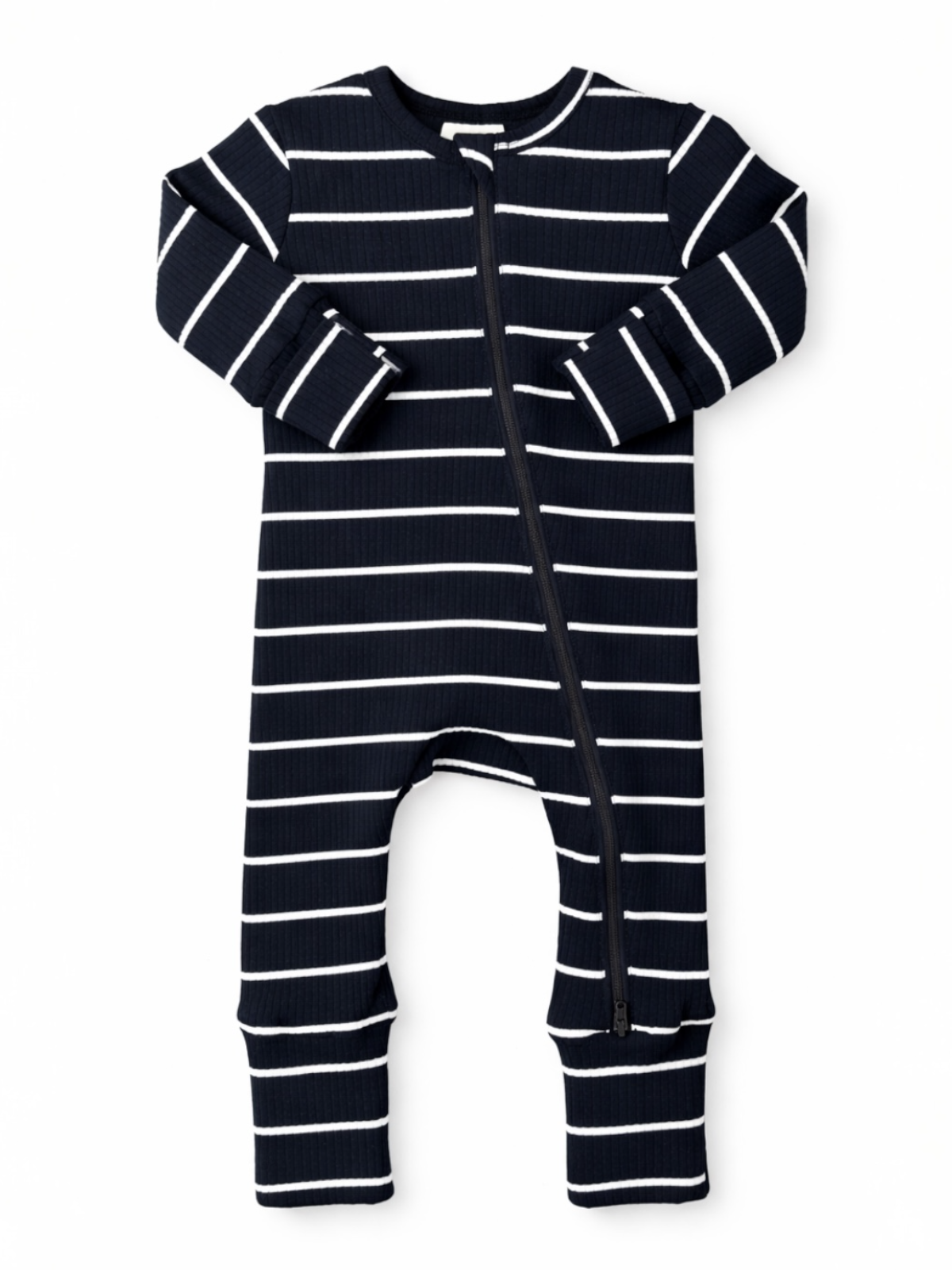 Navy striped baby onesie with long sleeves and front zipper, suitable for comfort and easy dressing.