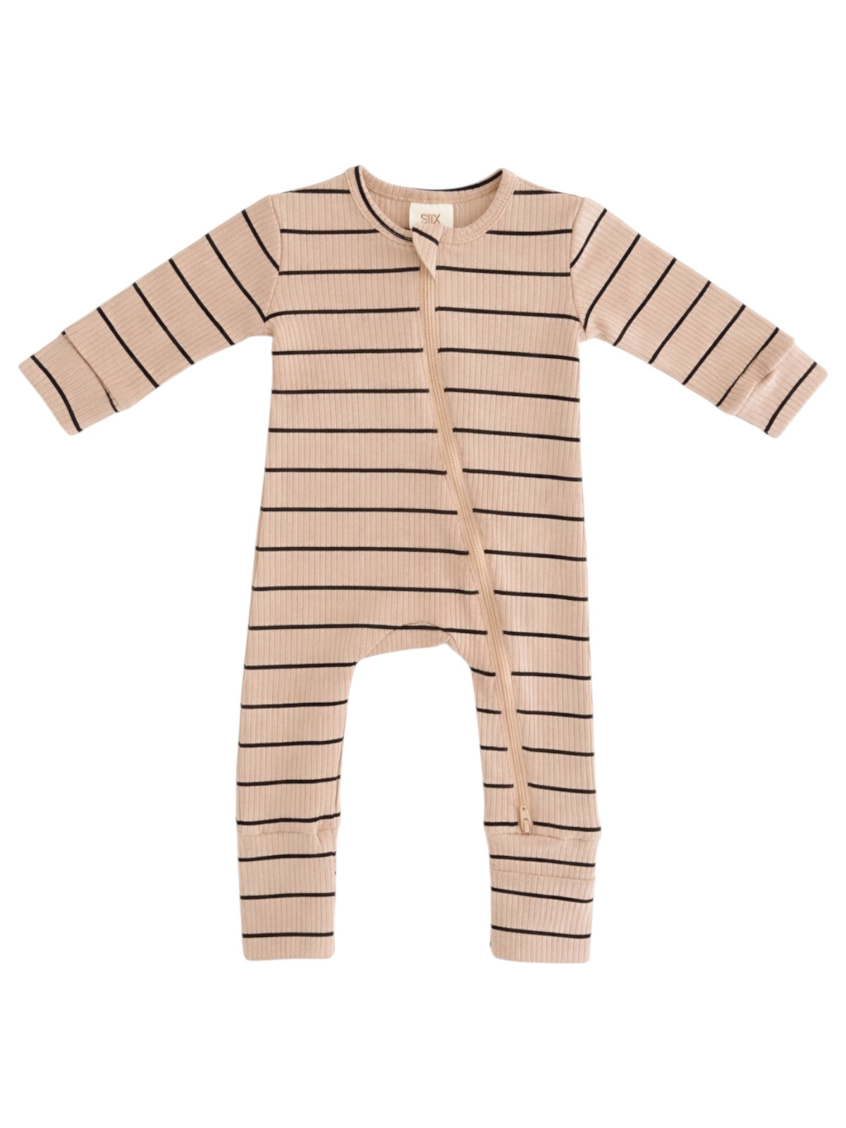 Beige striped baby onesie with long sleeves and a front zipper. Ideal for comfort and style.