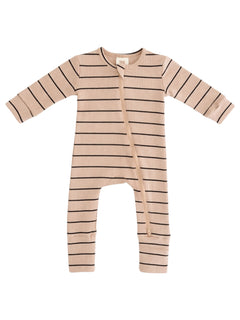 Beige striped baby onesie with long sleeves and a front zipper. Ideal for comfort and style.