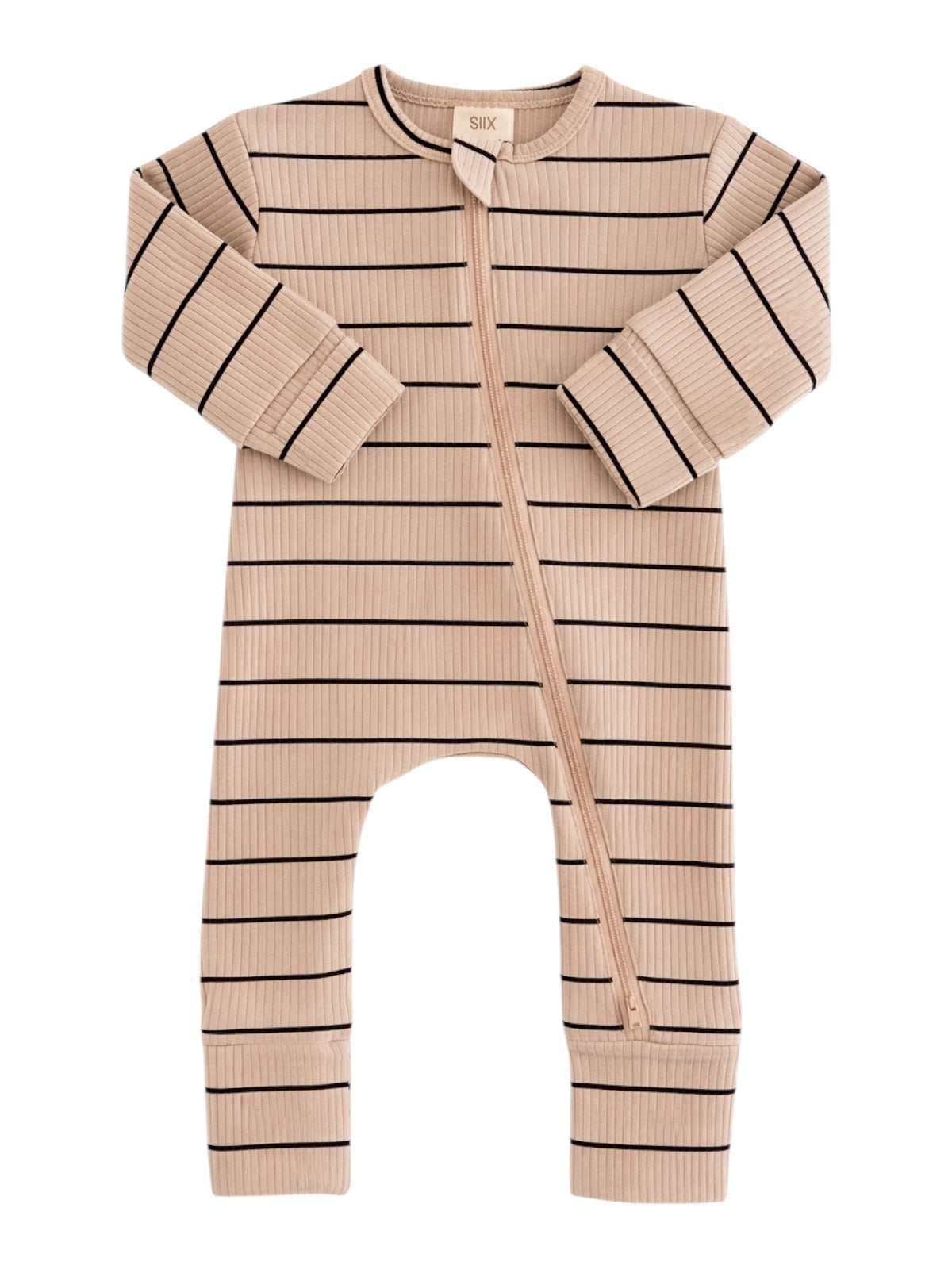 Tan ribbed infant onesie with black stripes, featuring long sleeves and a front zipper.