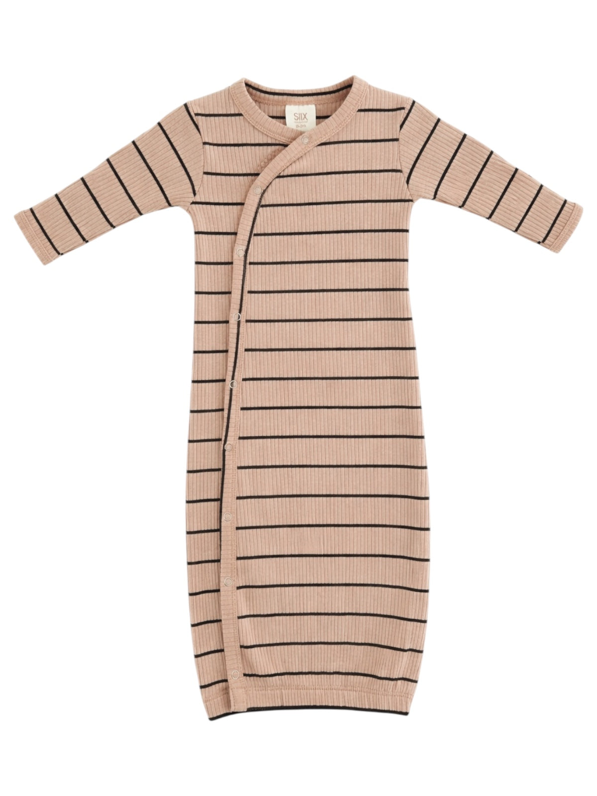 Beige baby gown with black stripes, featuring long sleeves and a front snap closure. Ideal for comfort and style.