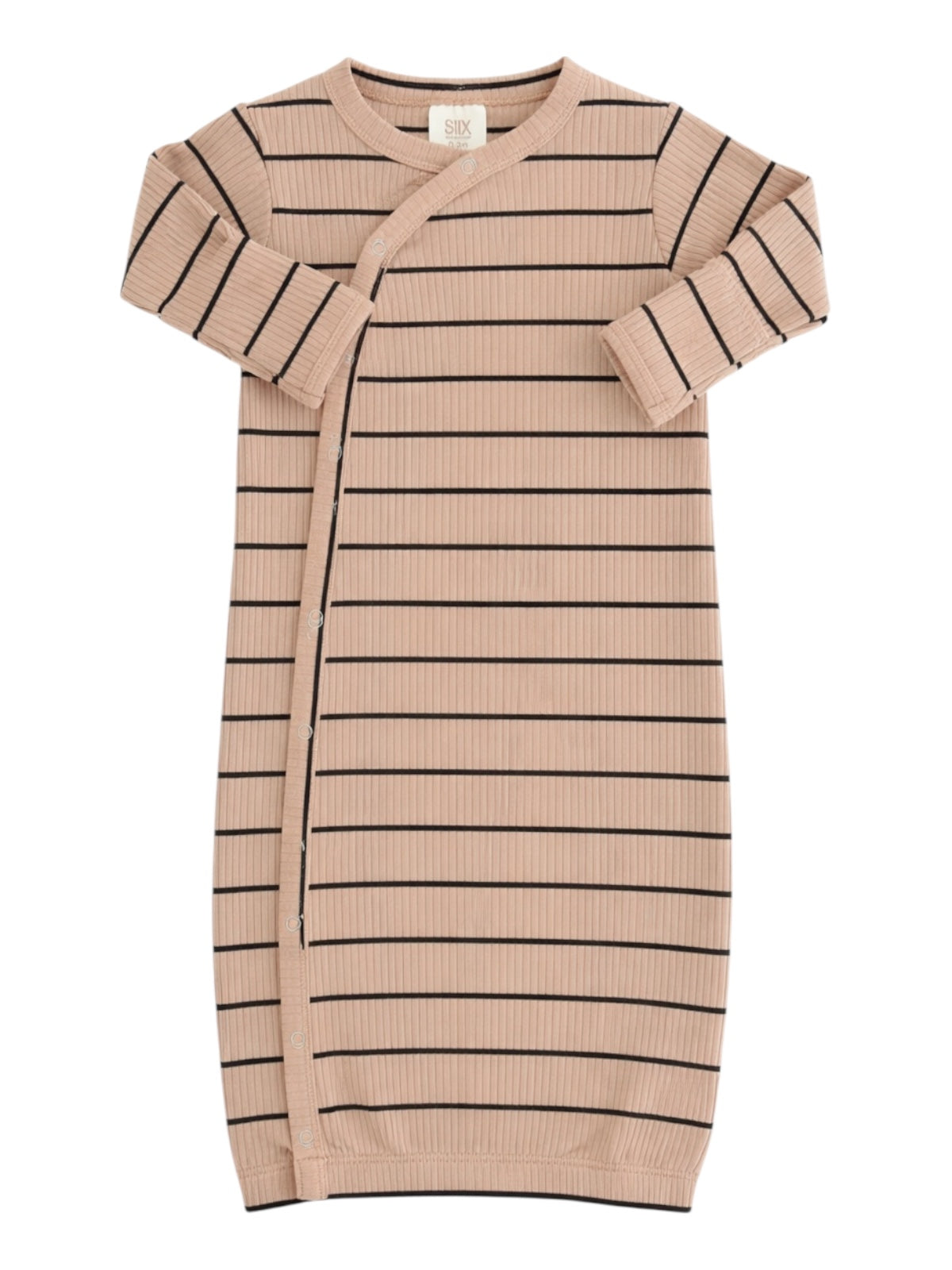 Light pink ribbed baby dress with black stripes and a side snap closure. Ideal for infants and toddlers.