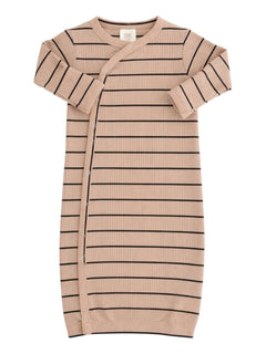 Light pink ribbed baby dress with black stripes and a side snap closure. Ideal for infants and toddlers.