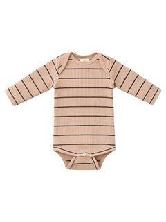 Light pink long-sleeve onesie with black stripes, featuring snap closures at the bottom.