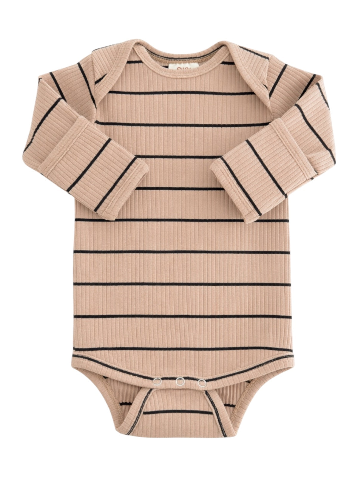 Tan striped long-sleeve baby onesie with snap closure at the bottom. Soft ribbed fabric.
