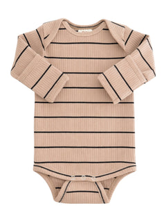 Tan striped long-sleeve baby onesie with snap closure at the bottom. Soft ribbed fabric.
