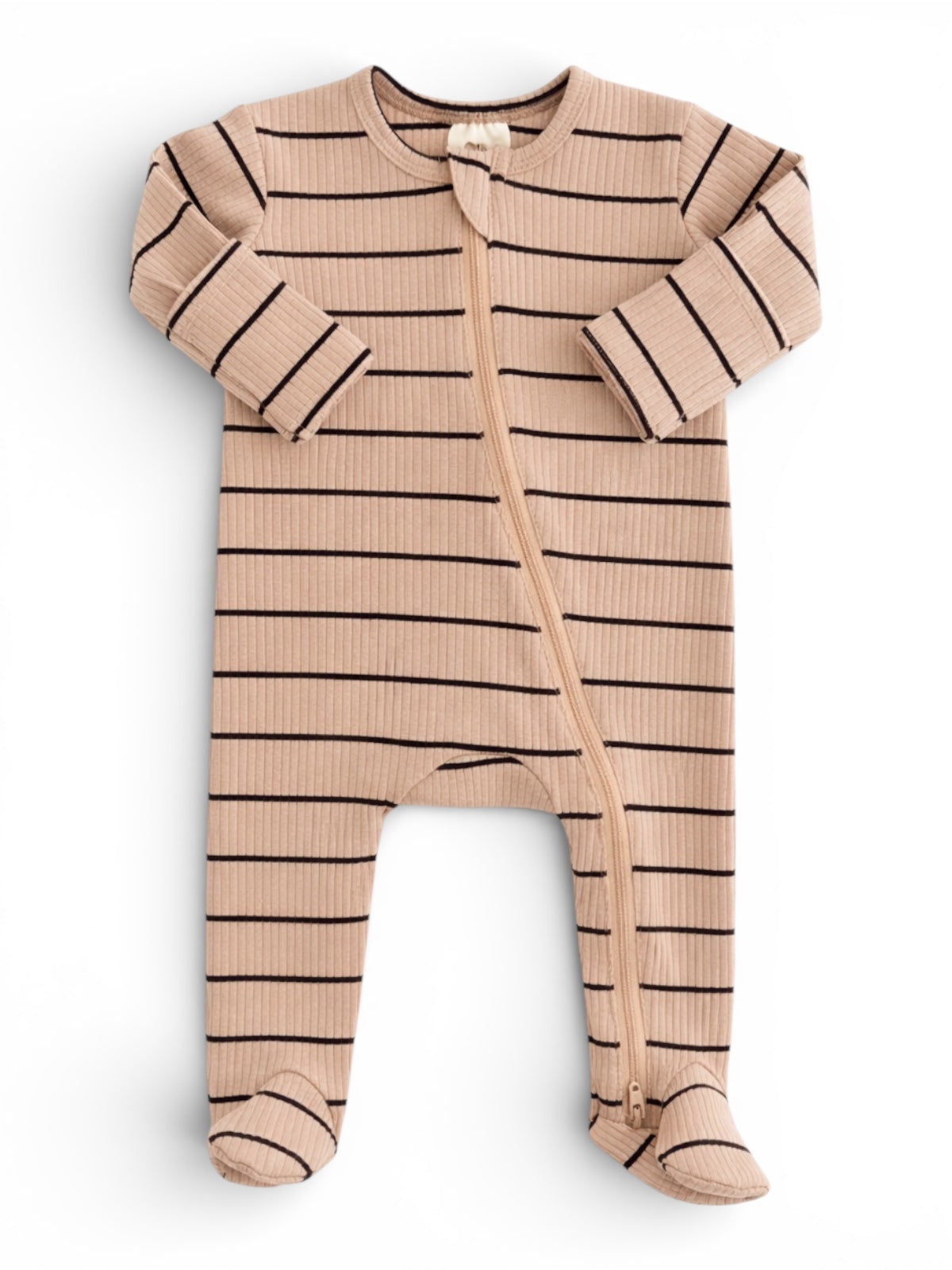 Beige striped baby onesie with long sleeves and front zipper closure. Soft, ribbed fabric for comfort.