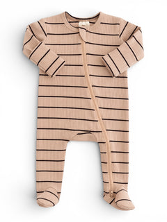Beige striped baby onesie with long sleeves and front zipper closure. Soft, ribbed fabric for comfort.