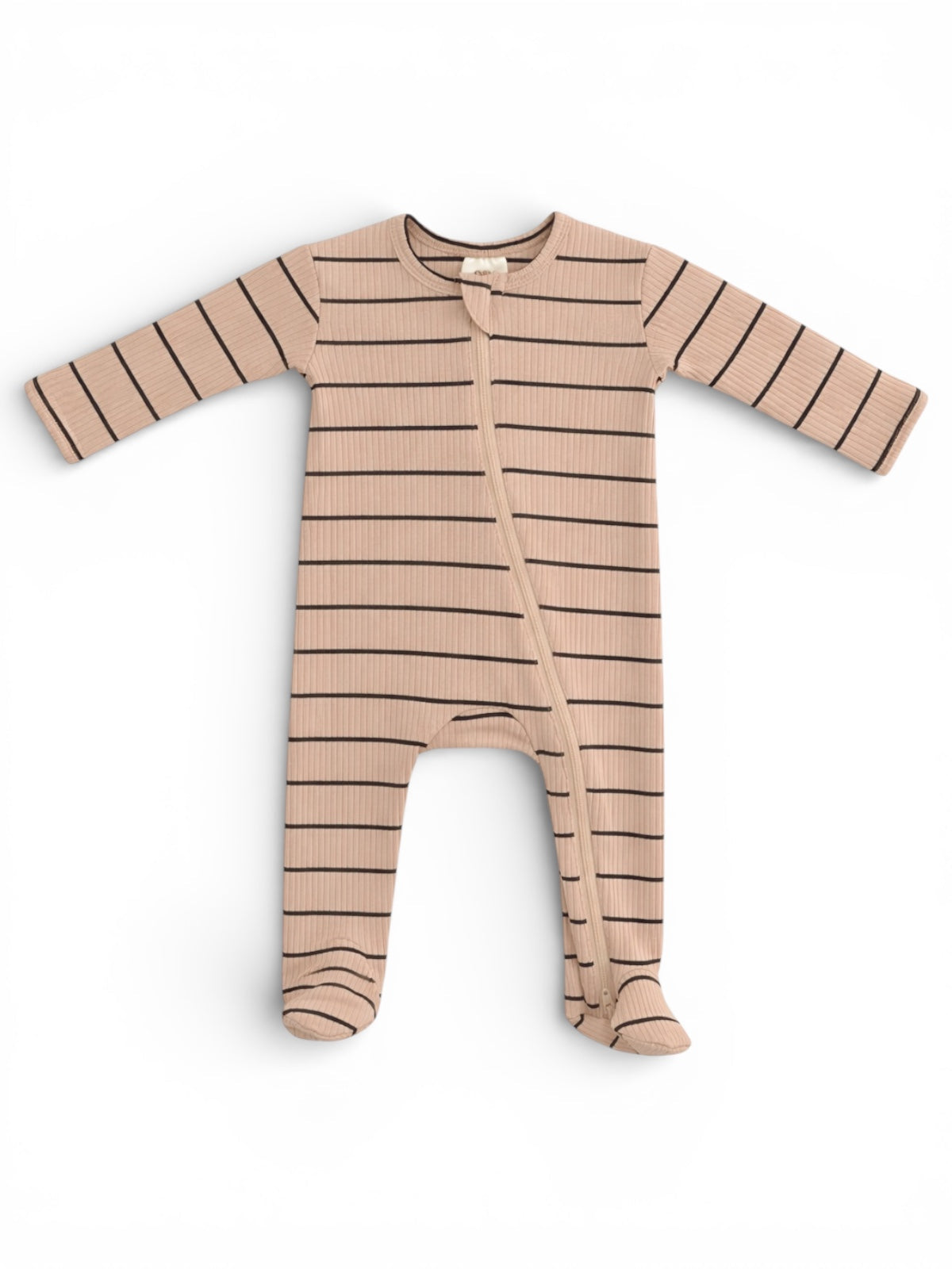 Tan striped baby onesie with long sleeves and front zipper, laid flat against a white background.
