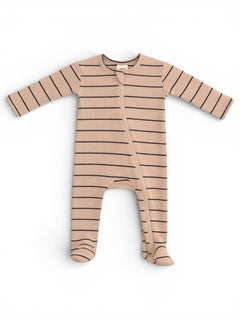 Tan striped baby onesie with long sleeves and front zipper, laid flat against a white background.