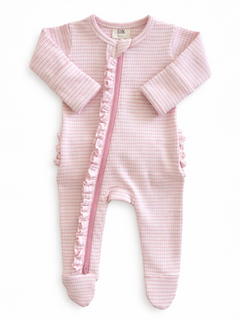 Pink gingham baby onesie with ruffle details and front zipper, perfect for infants.