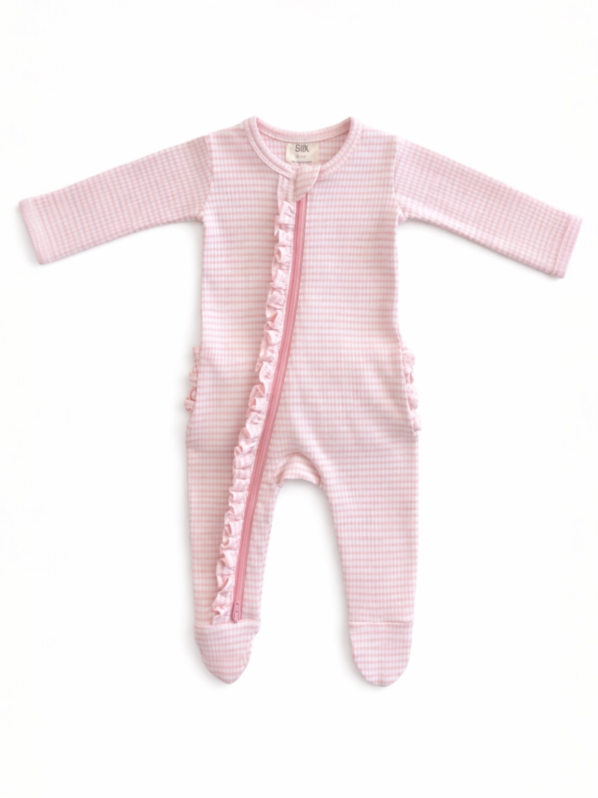 Pink gingham patterned baby onesie with ruffles and a front zipper, designed for comfort and style.