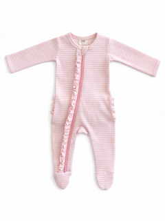 Pink gingham patterned baby onesie with ruffles and a front zipper, designed for comfort and style.