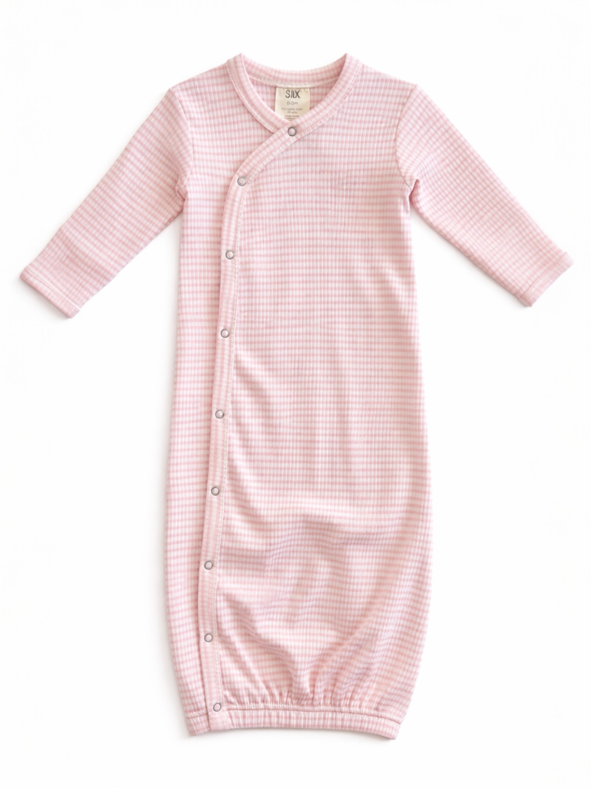 Pink gingham baby sleep gown with long sleeves and snap closures for easy dressing.