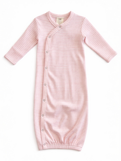 Pink gingham baby sleep gown with long sleeves and snap closures for easy dressing.