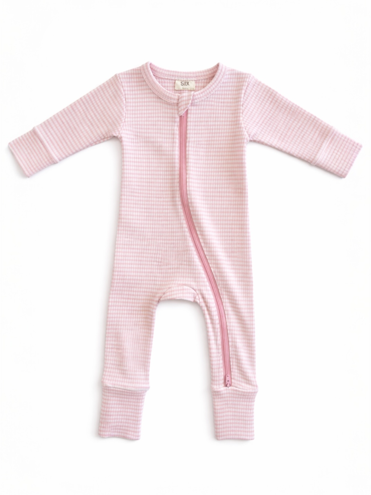 Pink checkered baby onesie with long sleeves and a front zipper closure.