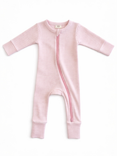 Pink checkered baby onesie with long sleeves and a front zipper closure.