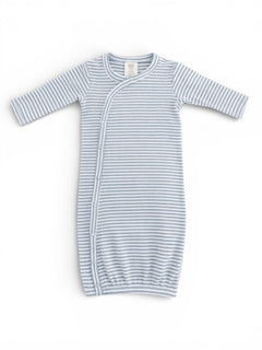 Light blue striped newborn gown with long sleeves and snaps for easy diaper changes. Ideal for cozy comfort.