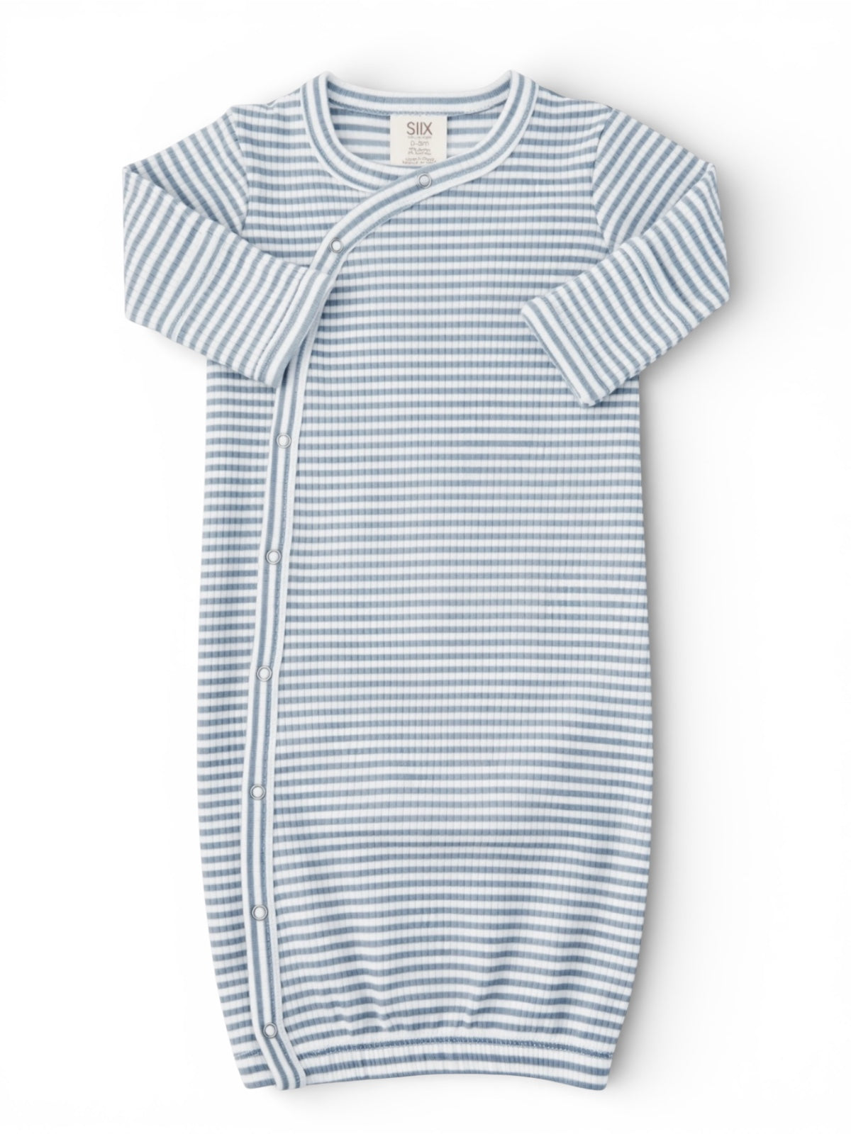 Light blue and white striped infant gown with buttons and long sleeves, ideal for comfortable sleepwear.