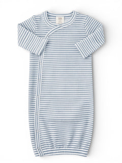 Light blue and white striped infant gown with buttons and long sleeves, ideal for comfortable sleepwear.