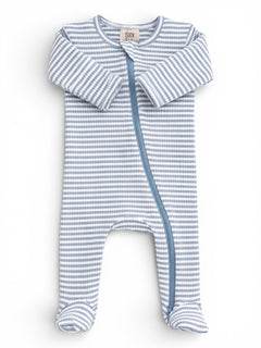 Blue and white striped baby onesie with long sleeves and a front zipper, used for comfortable sleepwear.