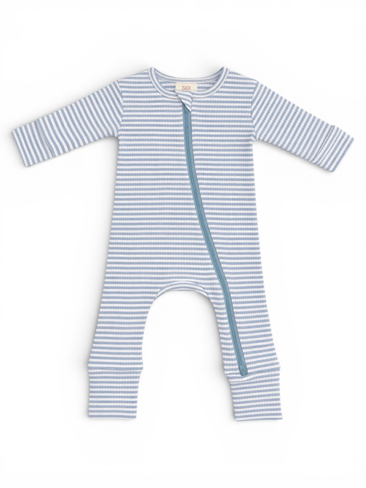 Light blue striped baby onesie with long sleeves and a front zipper.