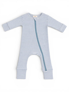 Light blue striped baby onesie with long sleeves and a front zipper.