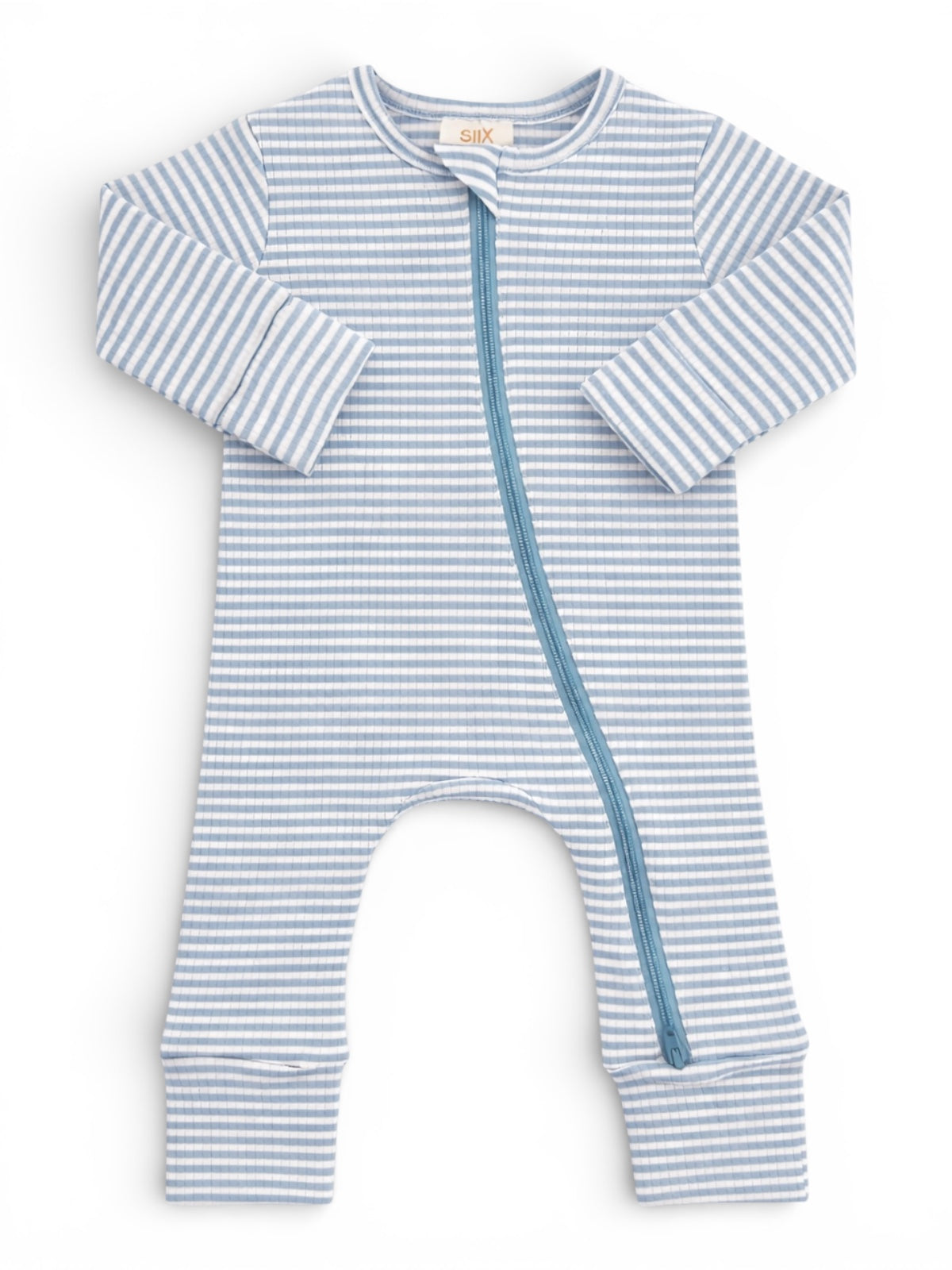 Light blue striped baby onesie with a front zipper and long sleeves.