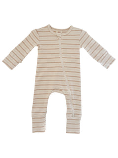 Cream striped baby onesie featuring a front zipper and long sleeves. Perfect for comfy and stylish infant wear.
