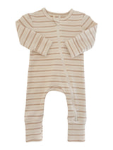 Striped baby onesie with a front zipper and long sleeves, designed for comfort and ease of wear.
