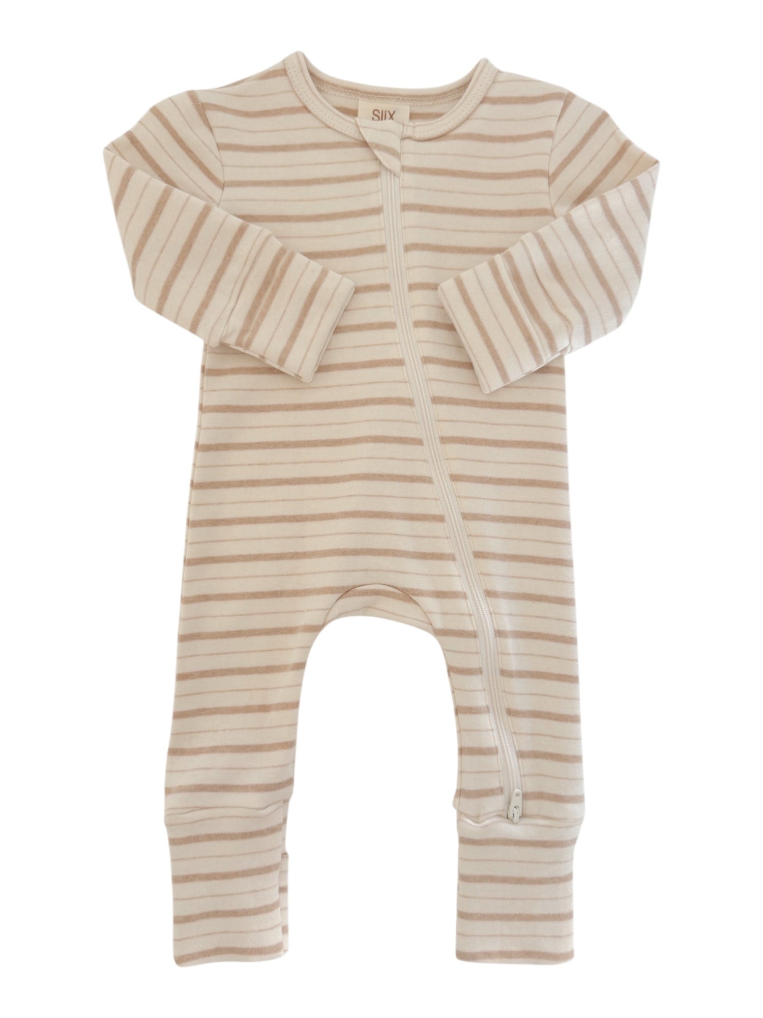 Striped baby onesie with a front zipper and long sleeves, designed for comfort and ease of wear.