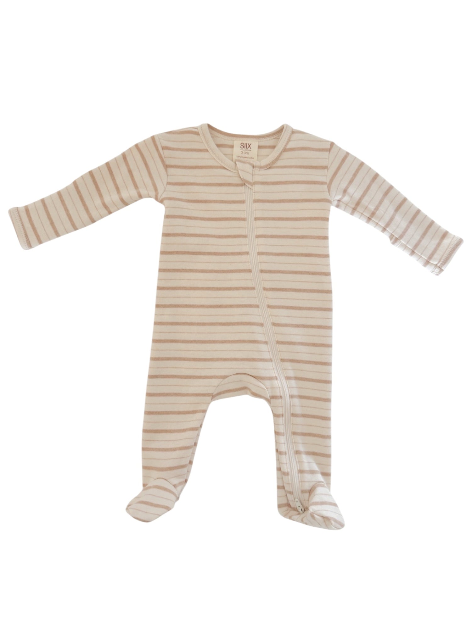 Tan and white striped infant onesie with zip closure and long sleeves. Ideal for comfortable baby wear.