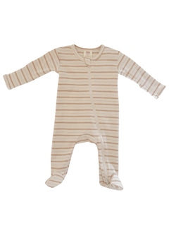 Tan and white striped infant onesie with zip closure and long sleeves. Ideal for comfortable baby wear.
