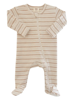 Beige and cream striped baby onesie with long sleeves and a front zipper. Suitable for infants 0-3 months.