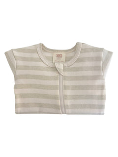 Gray and white striped baby onesie with a front zipper, made from 100% organic cotton. Sizes 0-3 months.
