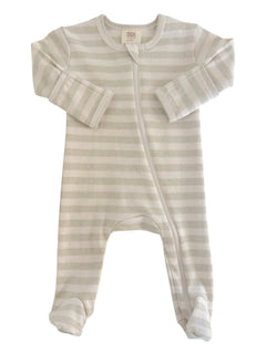 Light gray and white striped baby onesie with long sleeves and a front zipper closure.