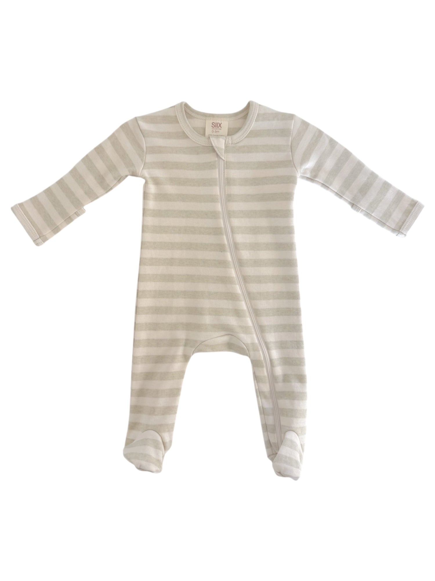 Light gray and white striped baby onesie with long sleeves and a front zipper.