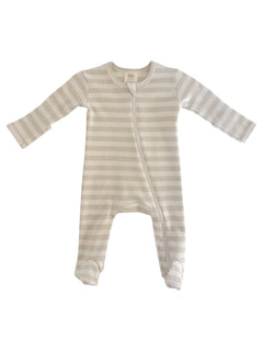 Light gray and white striped baby onesie with long sleeves and a front zipper.