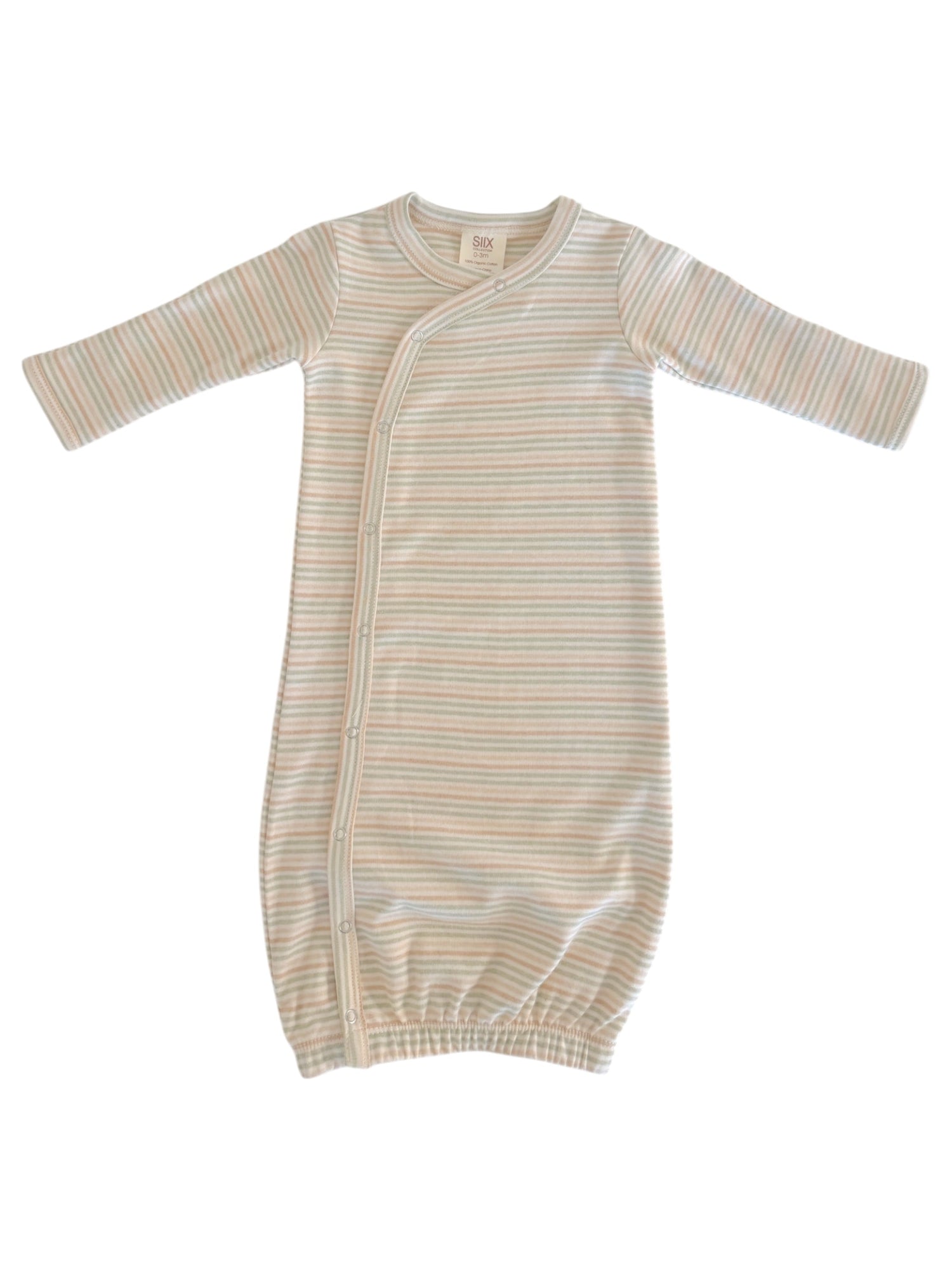 Lightly striped baby sleep gown with long sleeves and snap closure, ideal for comfort and ease during sleep.