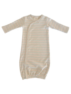 Lightly striped baby sleep gown with long sleeves and snap closure, ideal for comfort and ease during sleep.