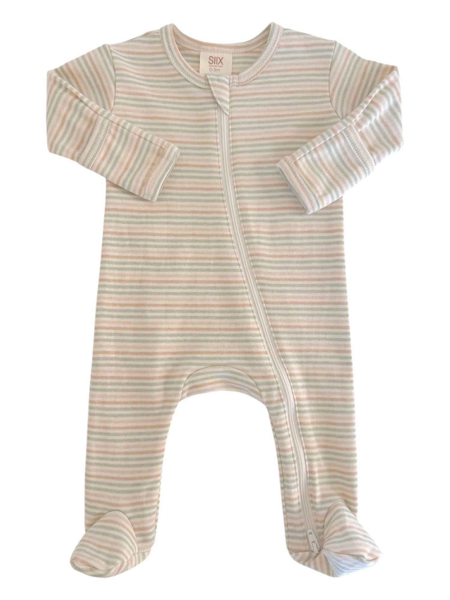 Striped baby onesie with a front zipper and footed design, suitable for infants.
