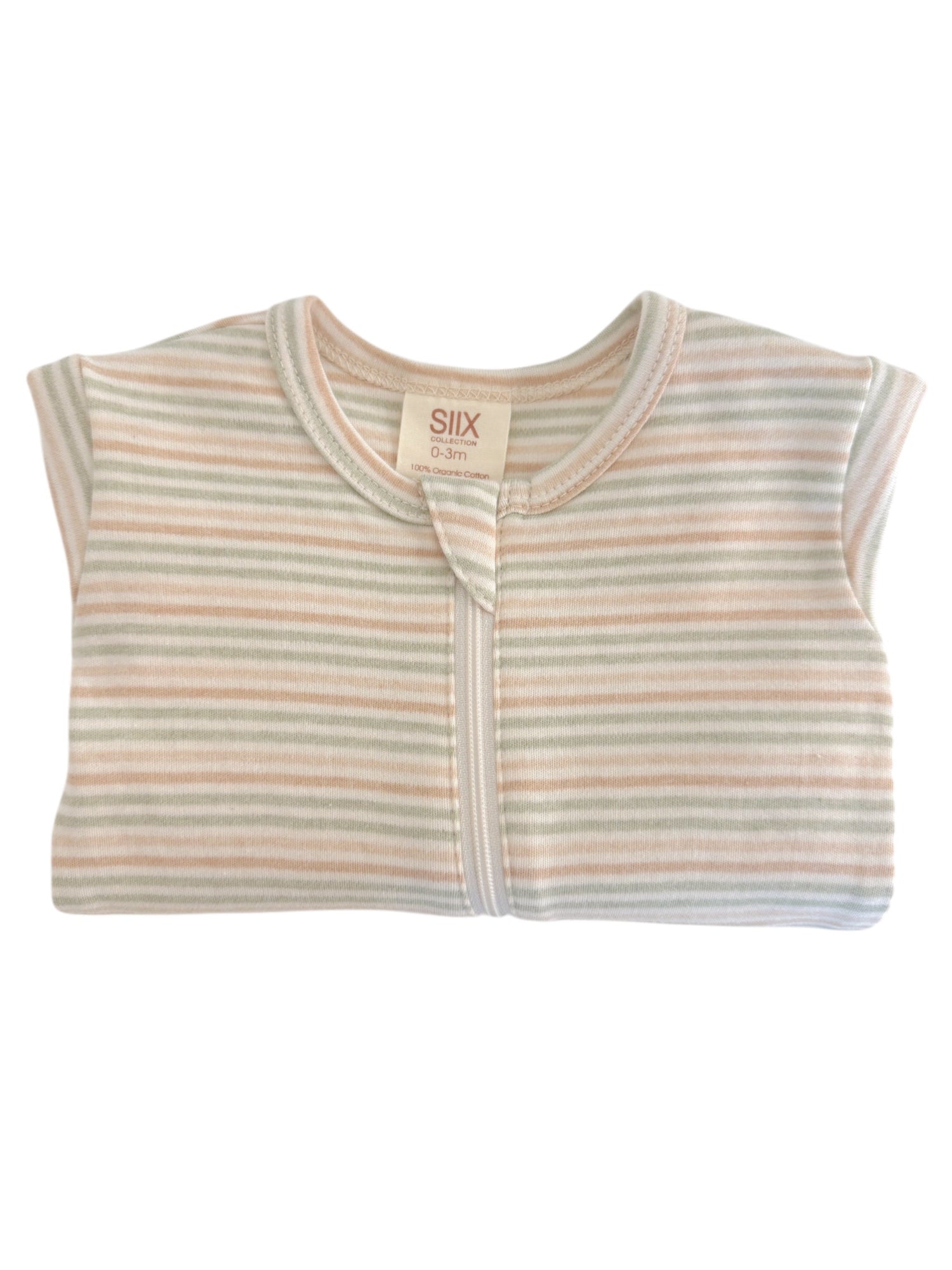 Lightly striped organic cotton baby onesie in soft pastel colors, suitable for newborns up to 3 months.