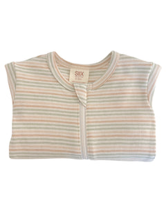 Lightly striped organic cotton baby onesie in soft pastel colors, suitable for newborns up to 3 months.